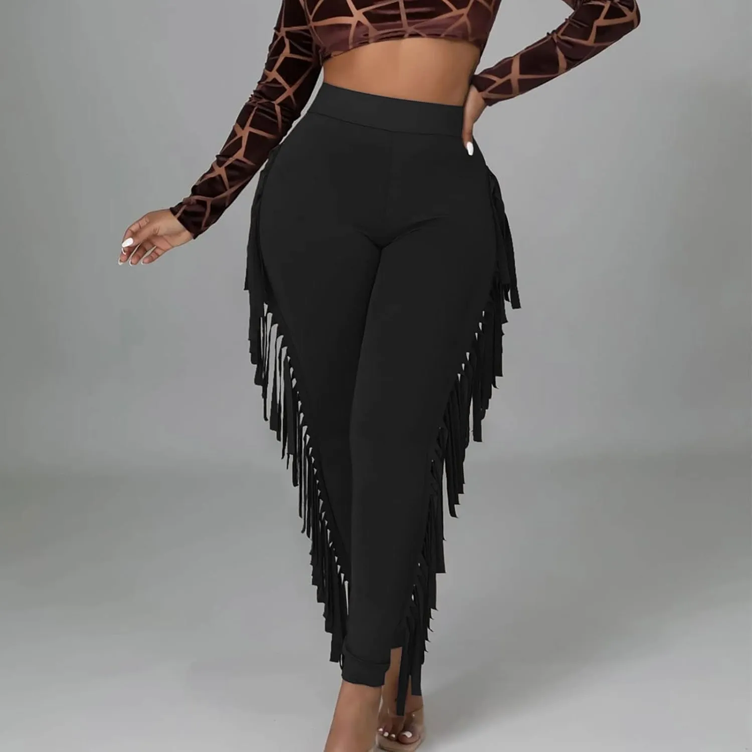 Womens Sexy Curvy Pants Fringed High Waist Skinny Slim Fit Trousers Tight Pants Trendy Casual Solid Long Trousers