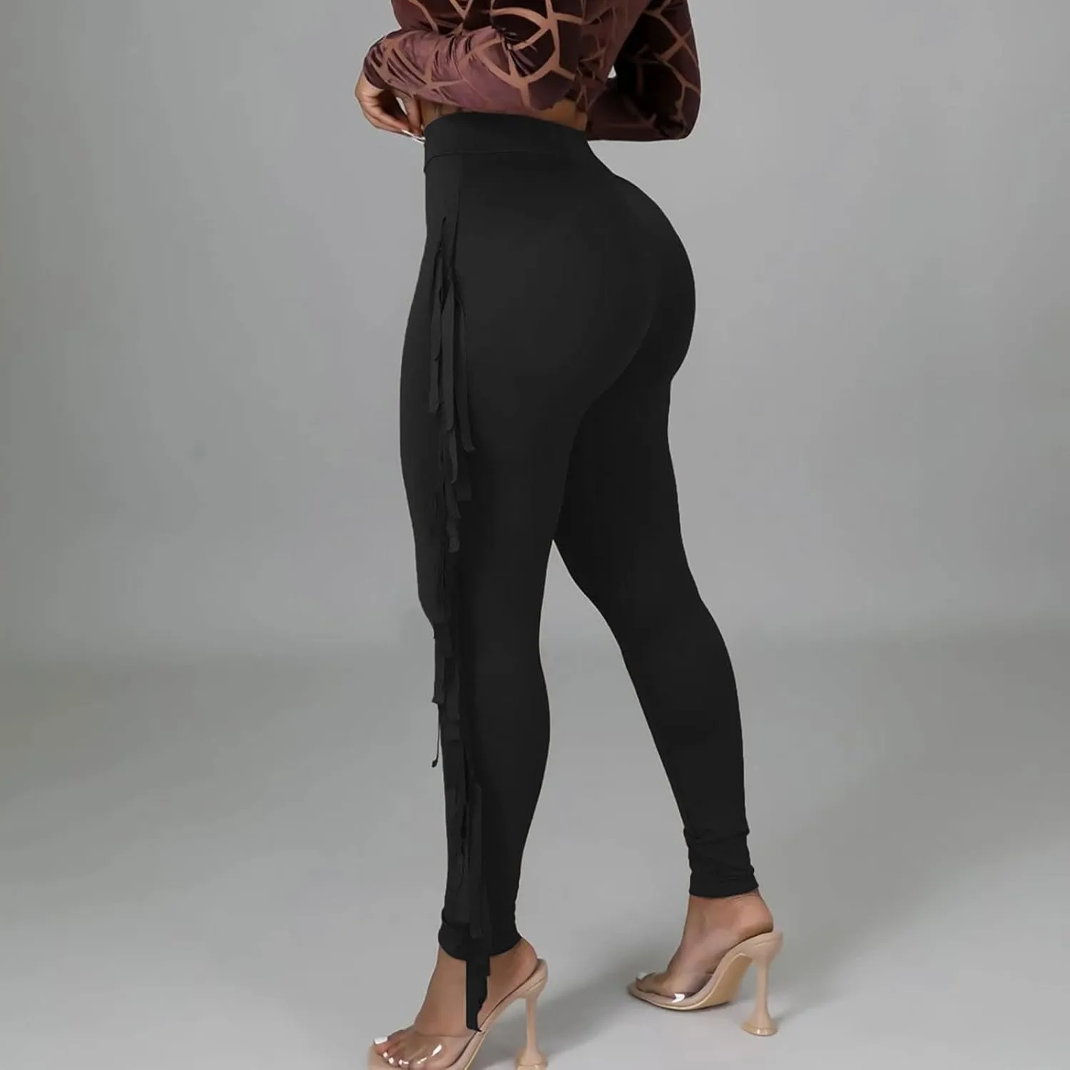 Womens Sexy Curvy Pants Fringed High Waist Skinny Slim Fit Trousers Tight Pants Trendy Casual Solid Long Trousers