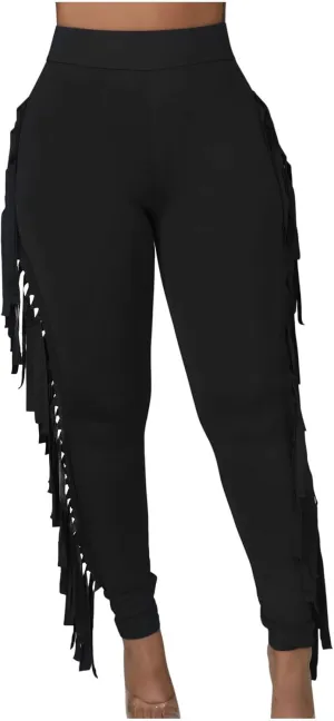 Womens Sexy Curvy Pants Fringed High Waist Skinny Slim Fit Trousers Tight Pants Trendy Casual Solid Long Trousers