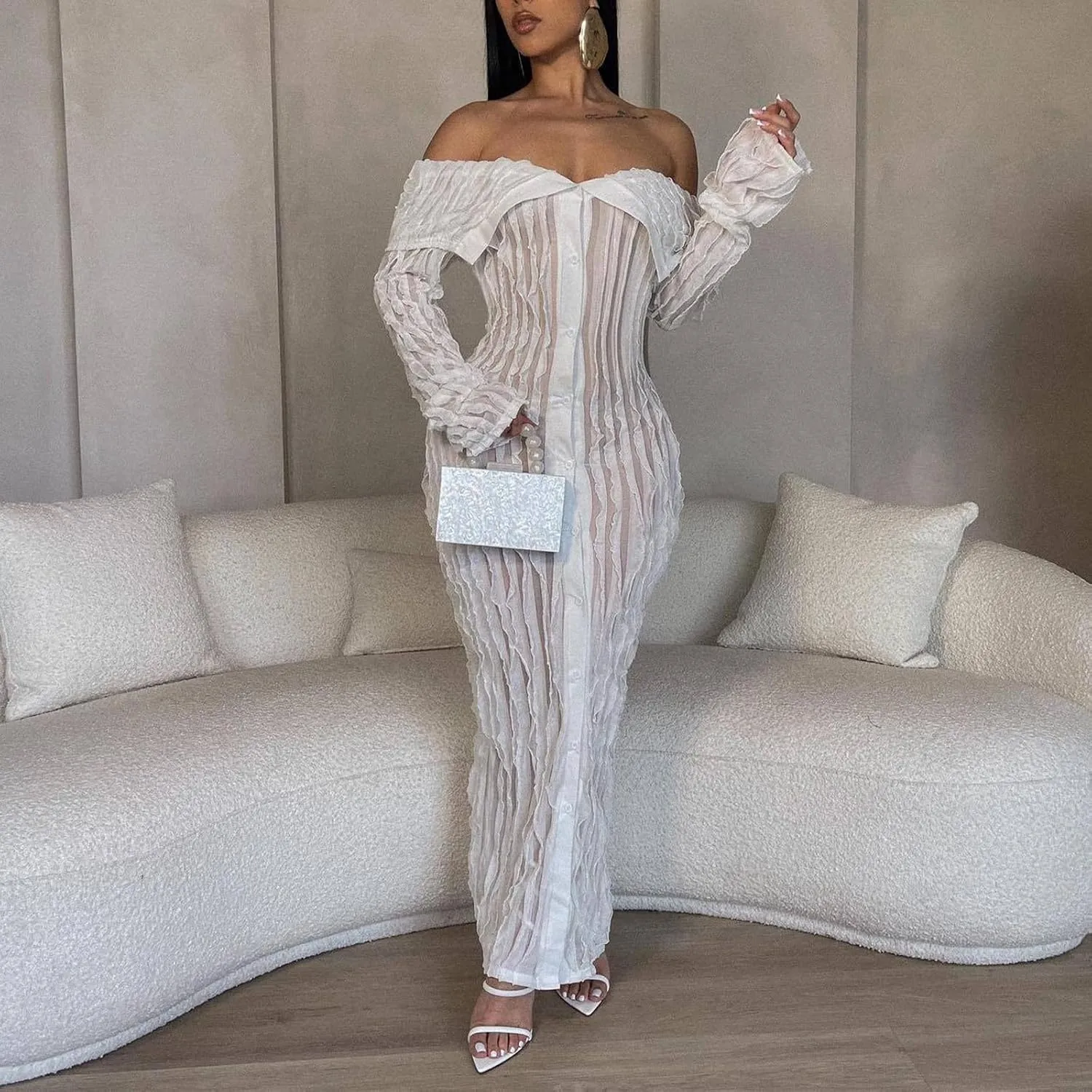 Womens Sexy Off Shoulder Maxi Dress Pleated See Through Flare Sleeve Button Down Slit Bodycon Long Dresses