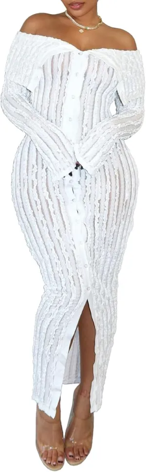 Womens Sexy Off Shoulder Maxi Dress Pleated See Through Flare Sleeve Button Down Slit Bodycon Long Dresses