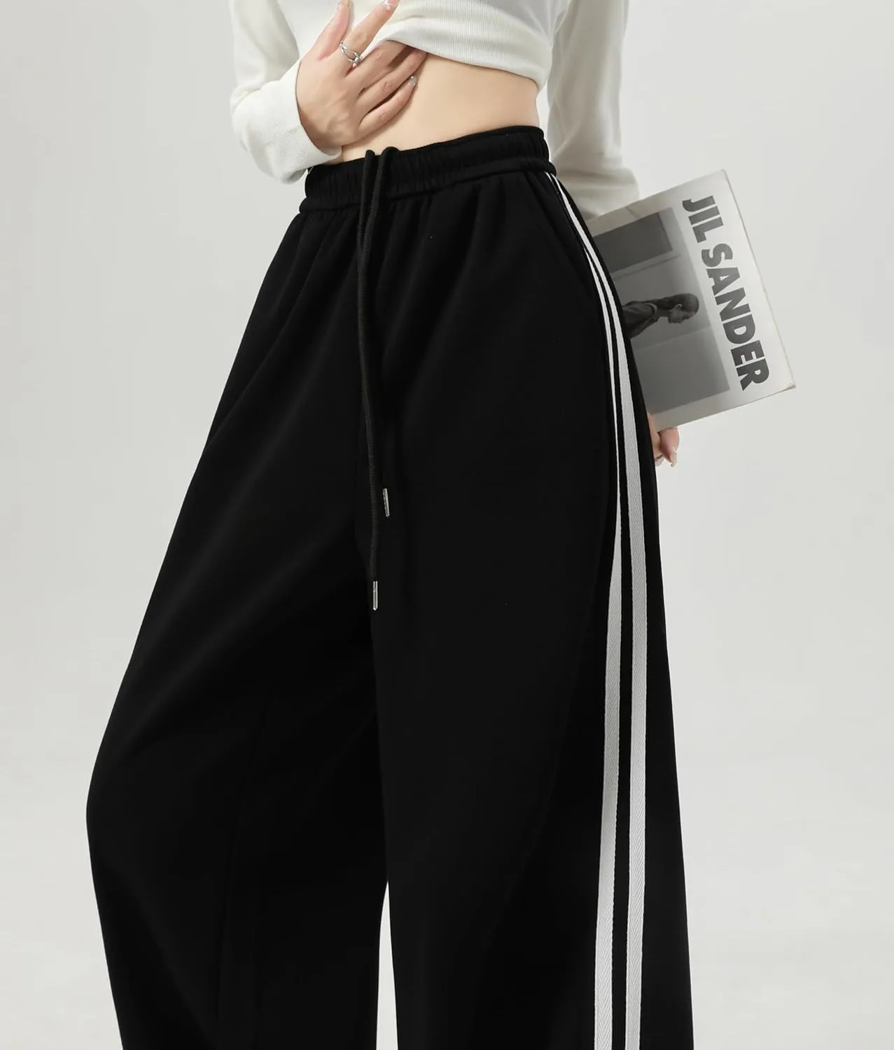 Women's Side Stripes Wide Leg Sweatpants Elastic Wastic Straight Leg Athletic Baggy Joggers Pants