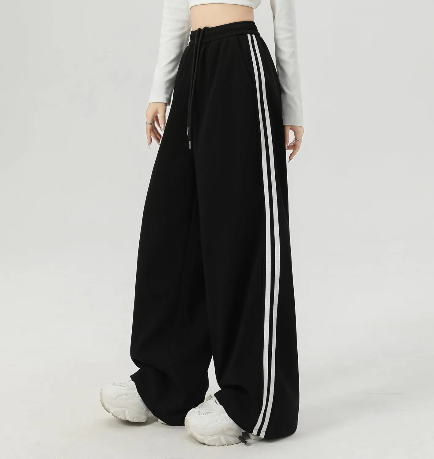Women's Side Stripes Wide Leg Sweatpants Elastic Wastic Straight Leg Athletic Baggy Joggers Pants
