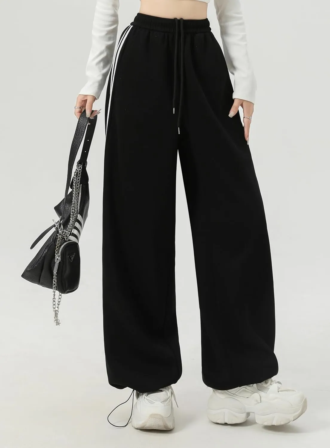 Women's Side Stripes Wide Leg Sweatpants Elastic Wastic Straight Leg Athletic Baggy Joggers Pants