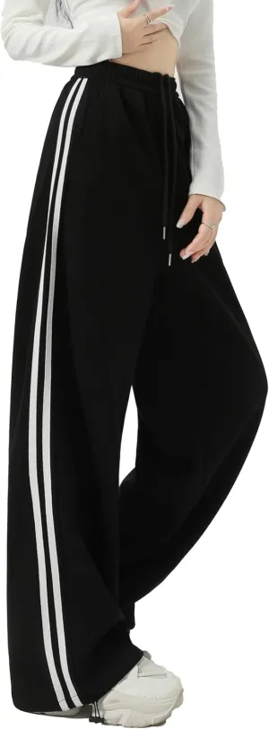 Women's Side Stripes Wide Leg Sweatpants Elastic Wastic Straight Leg Athletic Baggy Joggers Pants
