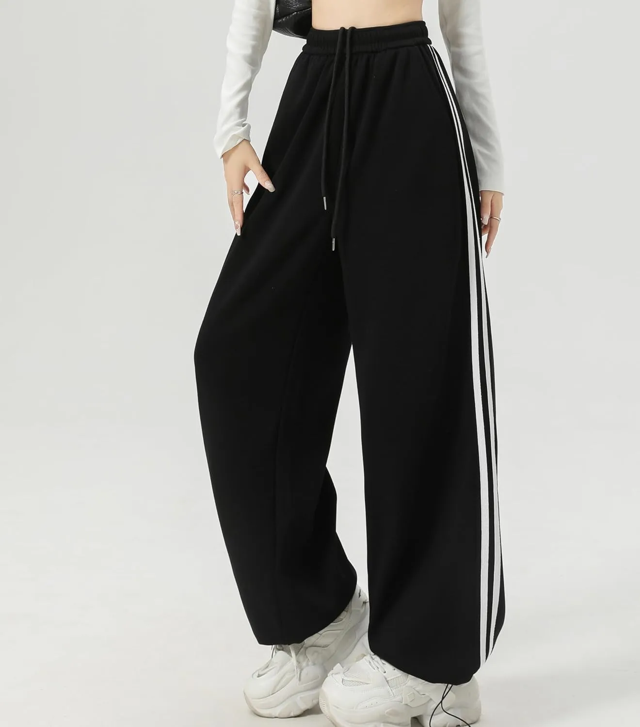 Women's Side Stripes Wide Leg Sweatpants Elastic Wastic Straight Leg Athletic Baggy Joggers Pants