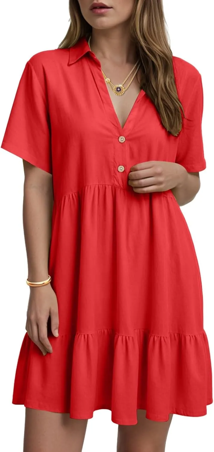 Womens Summer Casual Button Down Mini Dress Ruffle Short Sleeve V Neck Flowy A Line Tiered Beach Vacation Dresses