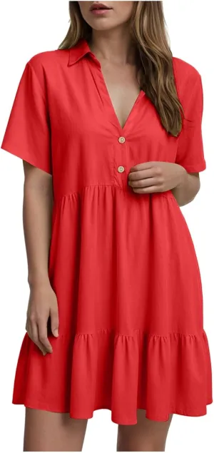 Womens Summer Casual Button Down Mini Dress Ruffle Short Sleeve V Neck Flowy A Line Tiered Beach Vacation Dresses