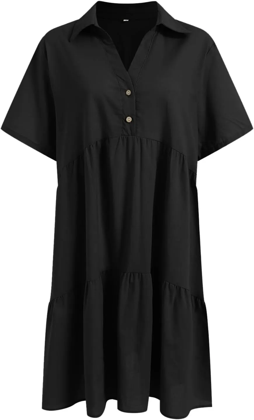 Womens Summer Casual Button Down Mini Dress Ruffle Short Sleeve V Neck Flowy A Line Tiered Beach Vacation Dresses