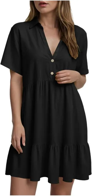 Womens Summer Casual Button Down Mini Dress Ruffle Short Sleeve V Neck Flowy A Line Tiered Beach Vacation Dresses