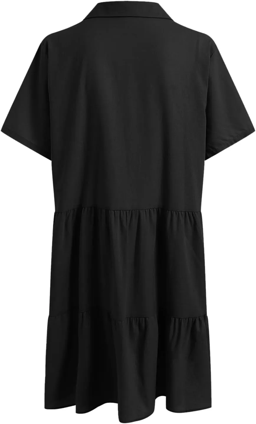 Womens Summer Casual Button Down Mini Dress Ruffle Short Sleeve V Neck Flowy A Line Tiered Beach Vacation Dresses