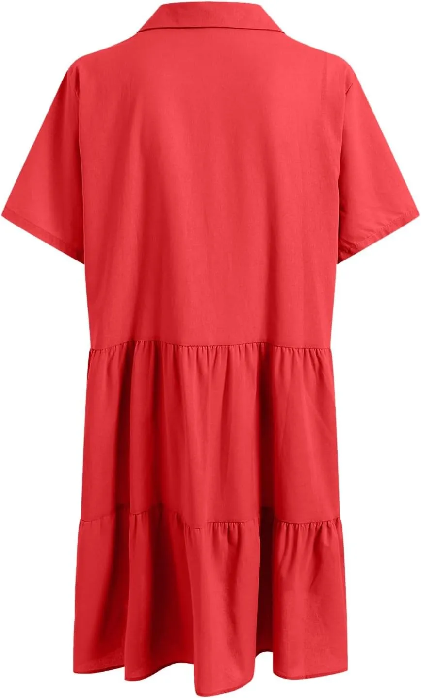 Womens Summer Casual Button Down Mini Dress Ruffle Short Sleeve V Neck Flowy A Line Tiered Beach Vacation Dresses