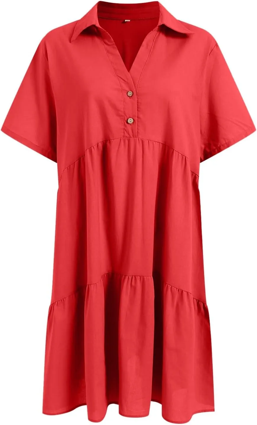 Womens Summer Casual Button Down Mini Dress Ruffle Short Sleeve V Neck Flowy A Line Tiered Beach Vacation Dresses