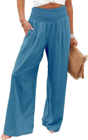 Womens Summer Cotton Linen Pants Wide Leg Pants Stretch High Waist Pant Solid Color Casual Trousers with Pockets
