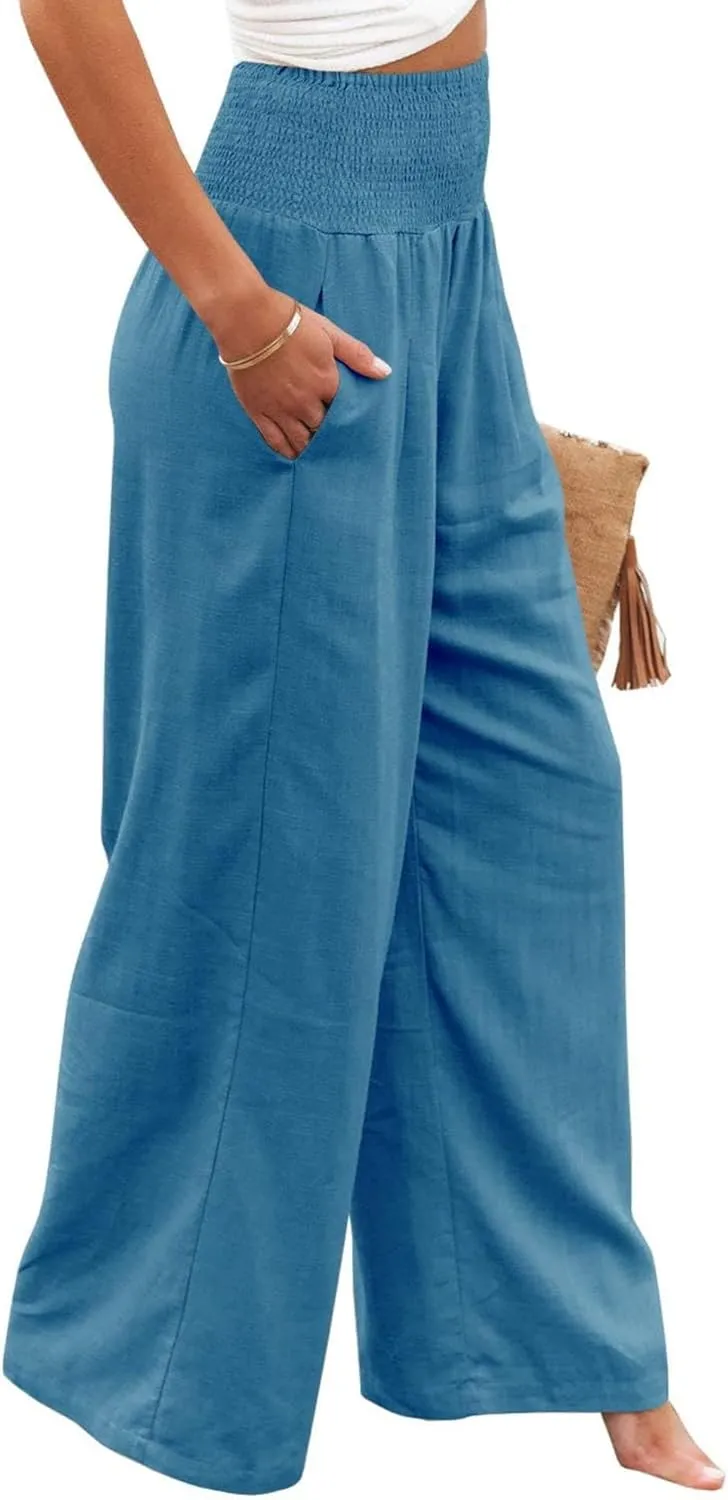 Womens Summer Cotton Linen Pants Wide Leg Pants Stretch High Waist Pant Solid Color Casual Trousers with Pockets