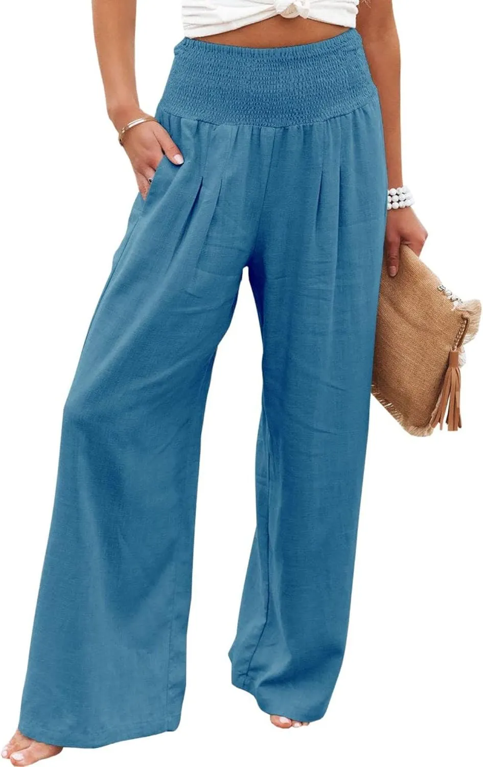 Womens Summer Cotton Linen Pants Wide Leg Pants Stretch High Waist Pant Solid Color Casual Trousers with Pockets