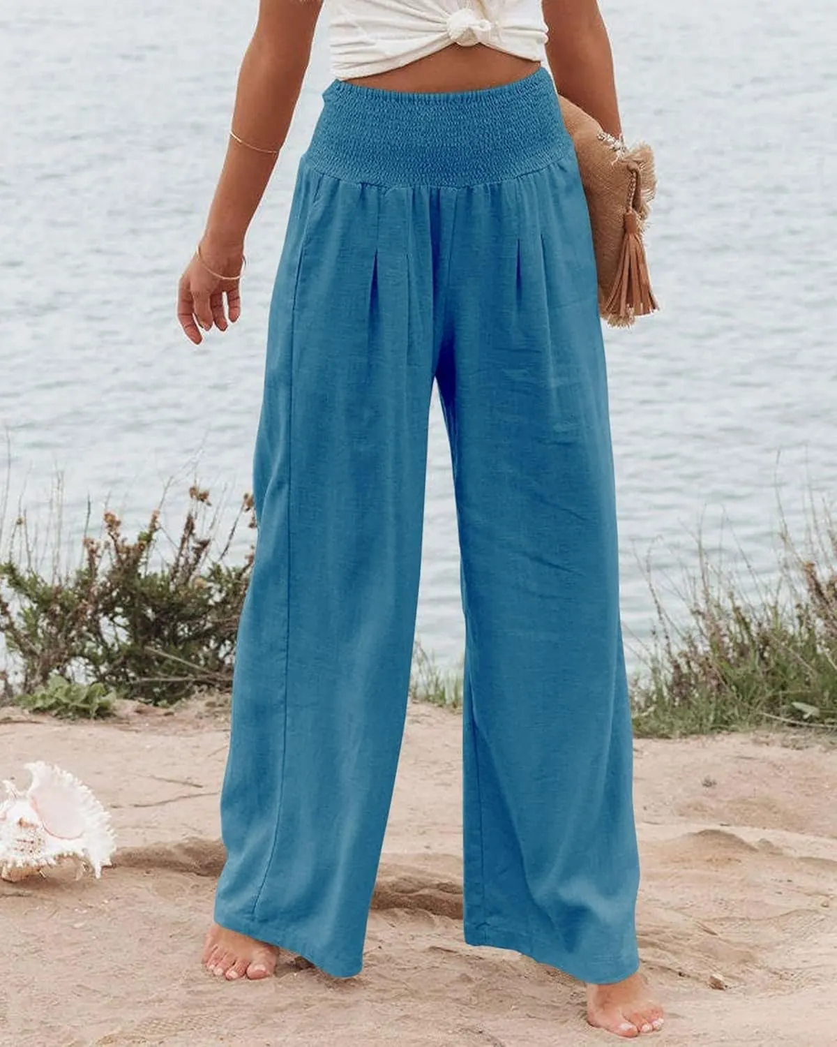 Womens Summer Cotton Linen Pants Wide Leg Pants Stretch High Waist Pant Solid Color Casual Trousers with Pockets