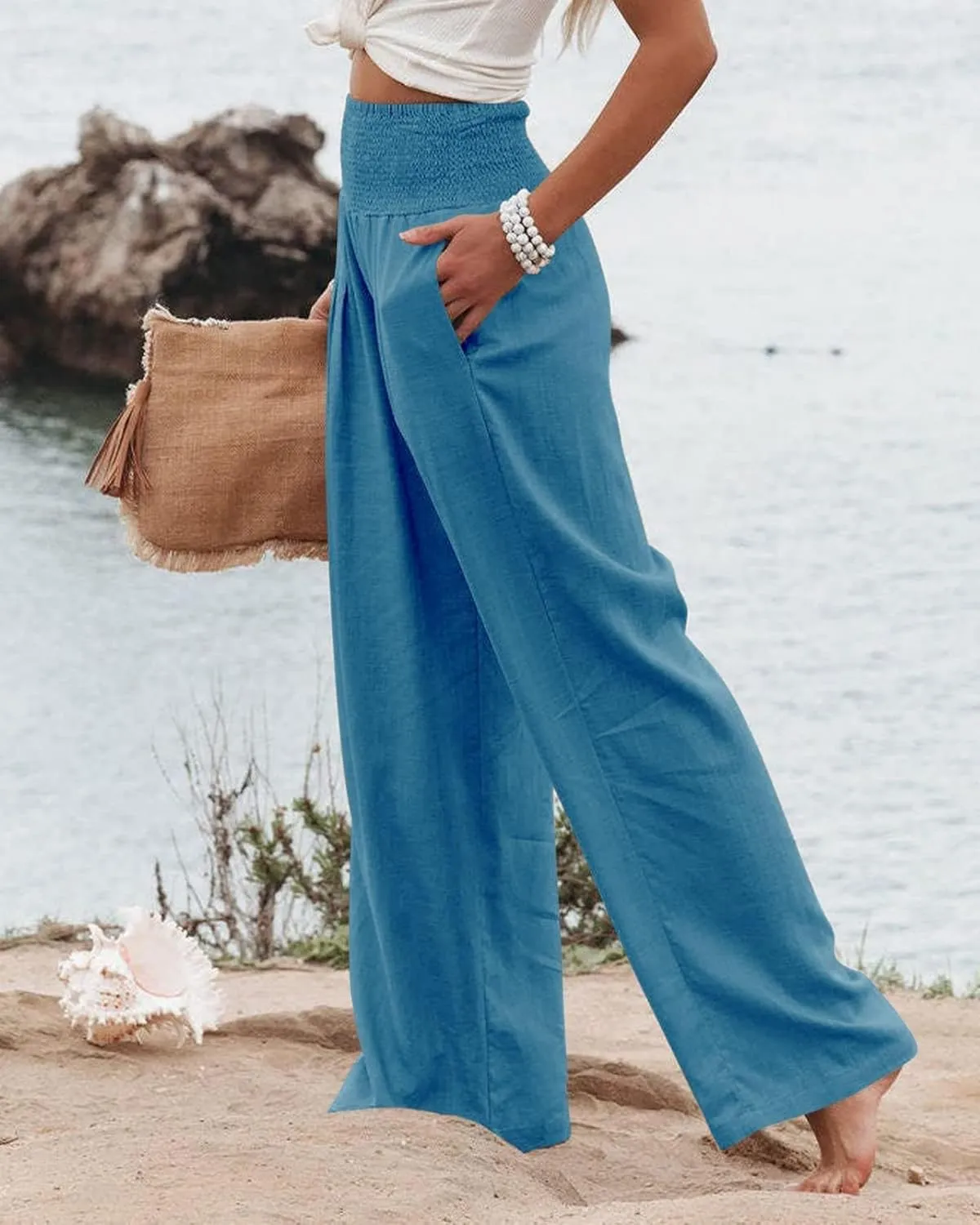 Womens Summer Cotton Linen Pants Wide Leg Pants Stretch High Waist Pant Solid Color Casual Trousers with Pockets