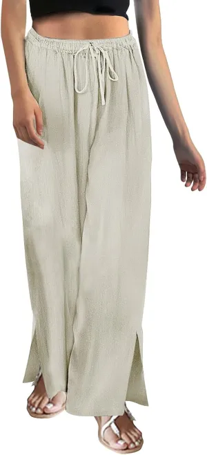 Women's Summer Drawstring Waist Drawstring Pants Gingham Casual Striped Slacks Wide Leg Beach Pants for Women Cotton
