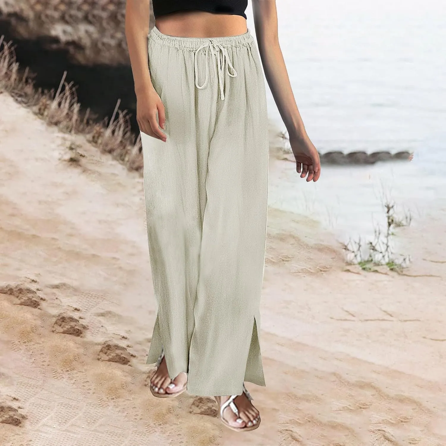Women's Summer Drawstring Waist Drawstring Pants Gingham Casual Striped Slacks Wide Leg Beach Pants for Women Cotton