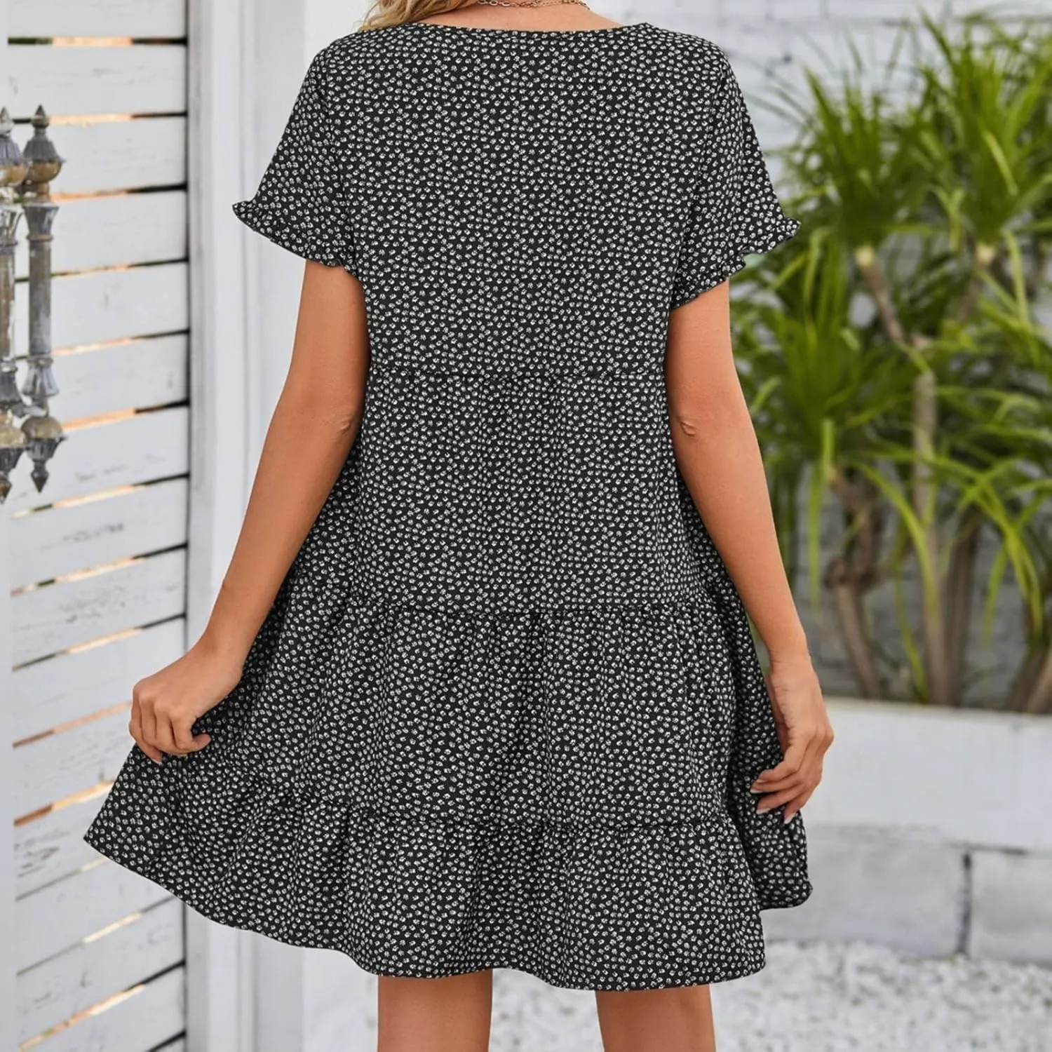 Women's Summer Dresses Ruffle Sleeve Round Neck Mini Dress Floral Print Loose Comfy Swing Sundresses Beach