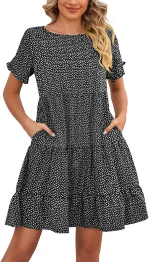 Women's Summer Dresses Ruffle Sleeve Round Neck Mini Dress Floral Print Loose Comfy Swing Sundresses Beach