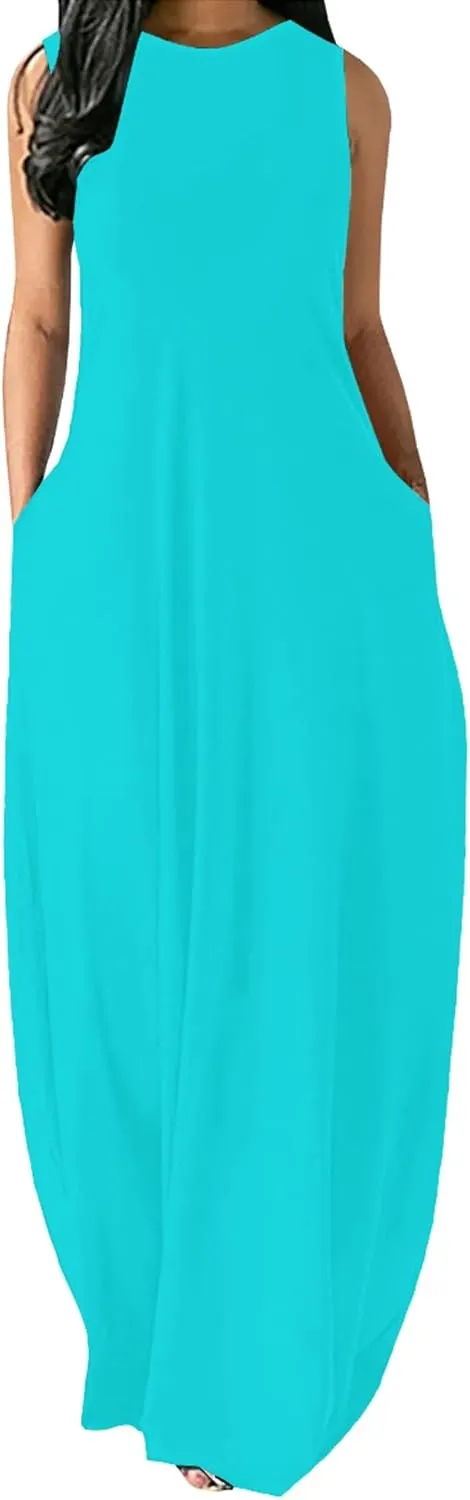 Women's Summer Fashion Sundress Long Spaghetti Strap Sleeveless Casual Maxi Dress Women's Beach Dress with Pockets