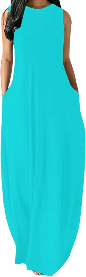 Women's Summer Fashion Sundress Long Spaghetti Strap Sleeveless Casual Maxi Dress Women's Beach Dress with Pockets