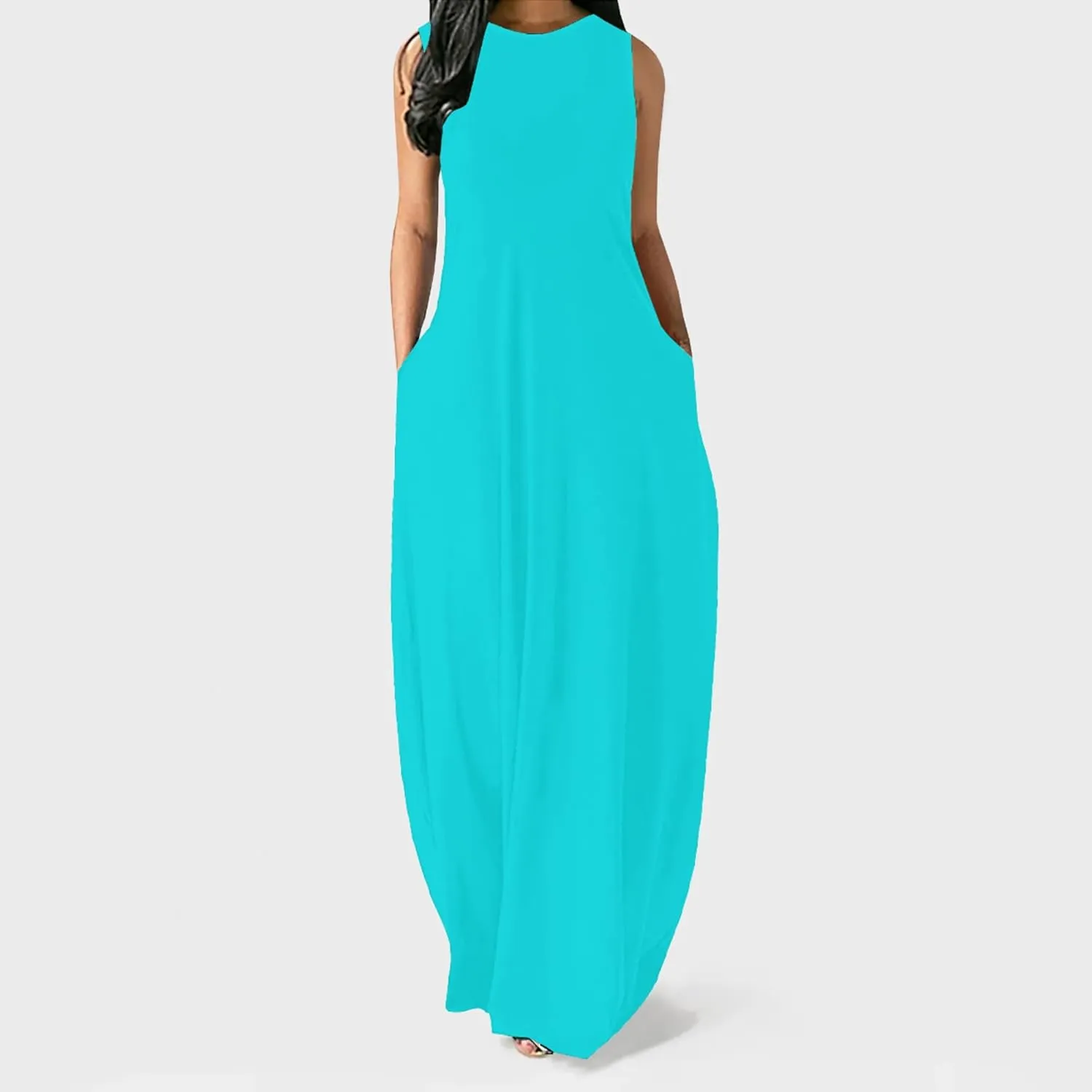 Women's Summer Fashion Sundress Long Spaghetti Strap Sleeveless Casual Maxi Dress Women's Beach Dress with Pockets