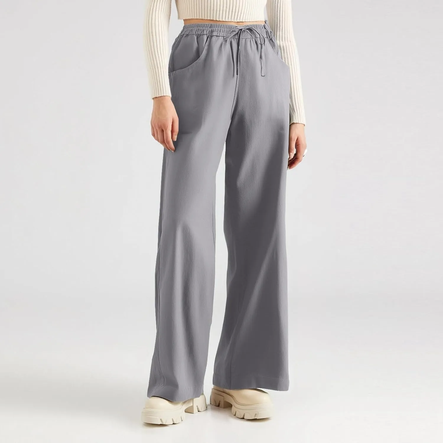 Womens Sweatpants Wide Leg Linen Pants Summer Drastring Adjustable Palazzo Pants Lounge Pants with Pockets