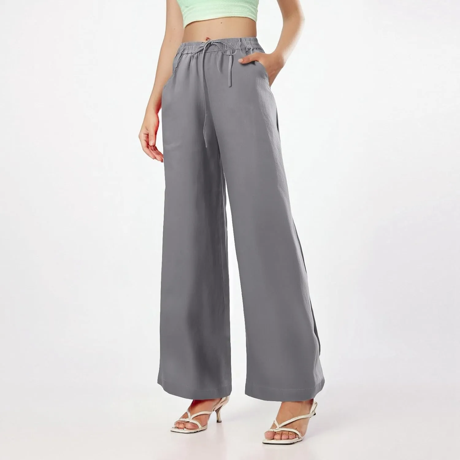 Womens Sweatpants Wide Leg Linen Pants Summer Drastring Adjustable Palazzo Pants Lounge Pants with Pockets