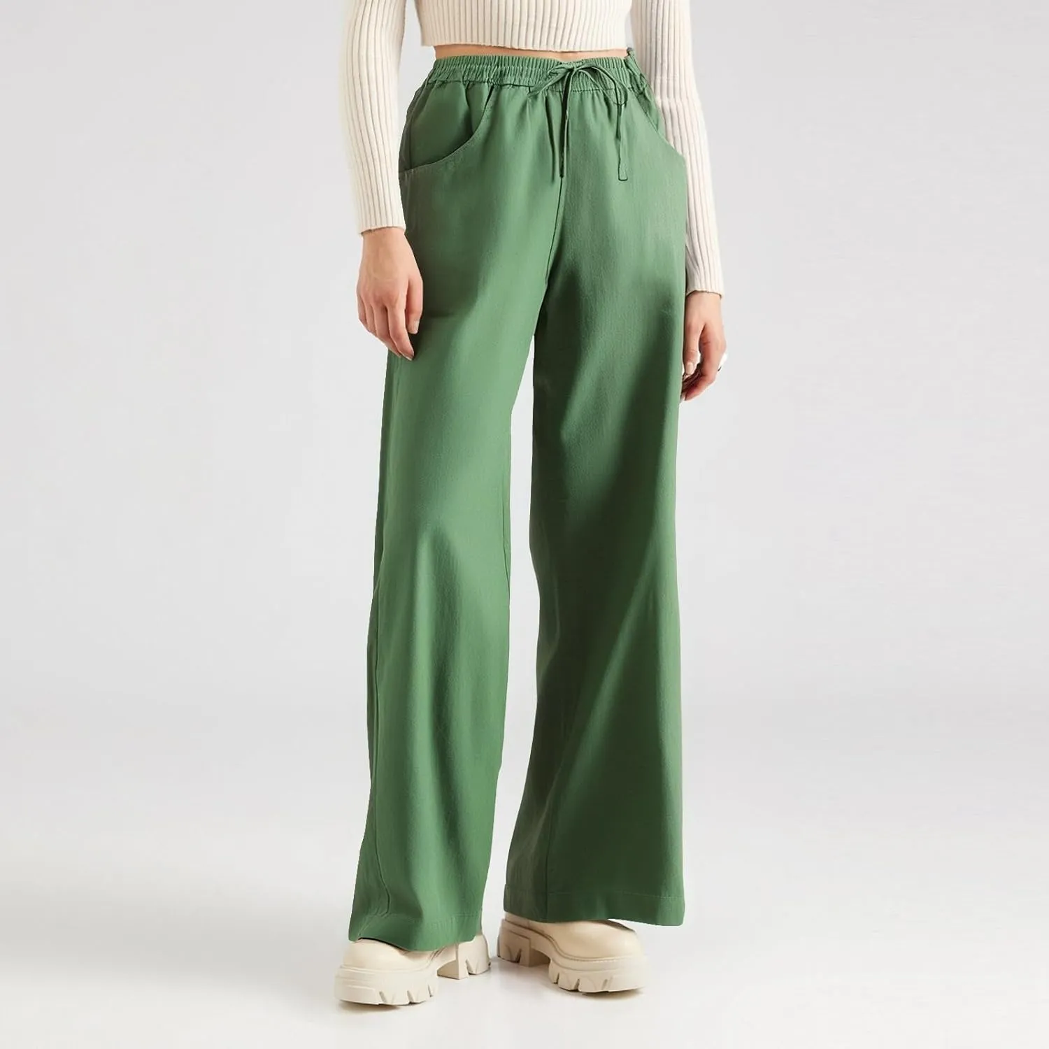 Womens Sweatpants Wide Leg Linen Pants Summer Drastring Adjustable Palazzo Pants Lounge Pants with Pockets