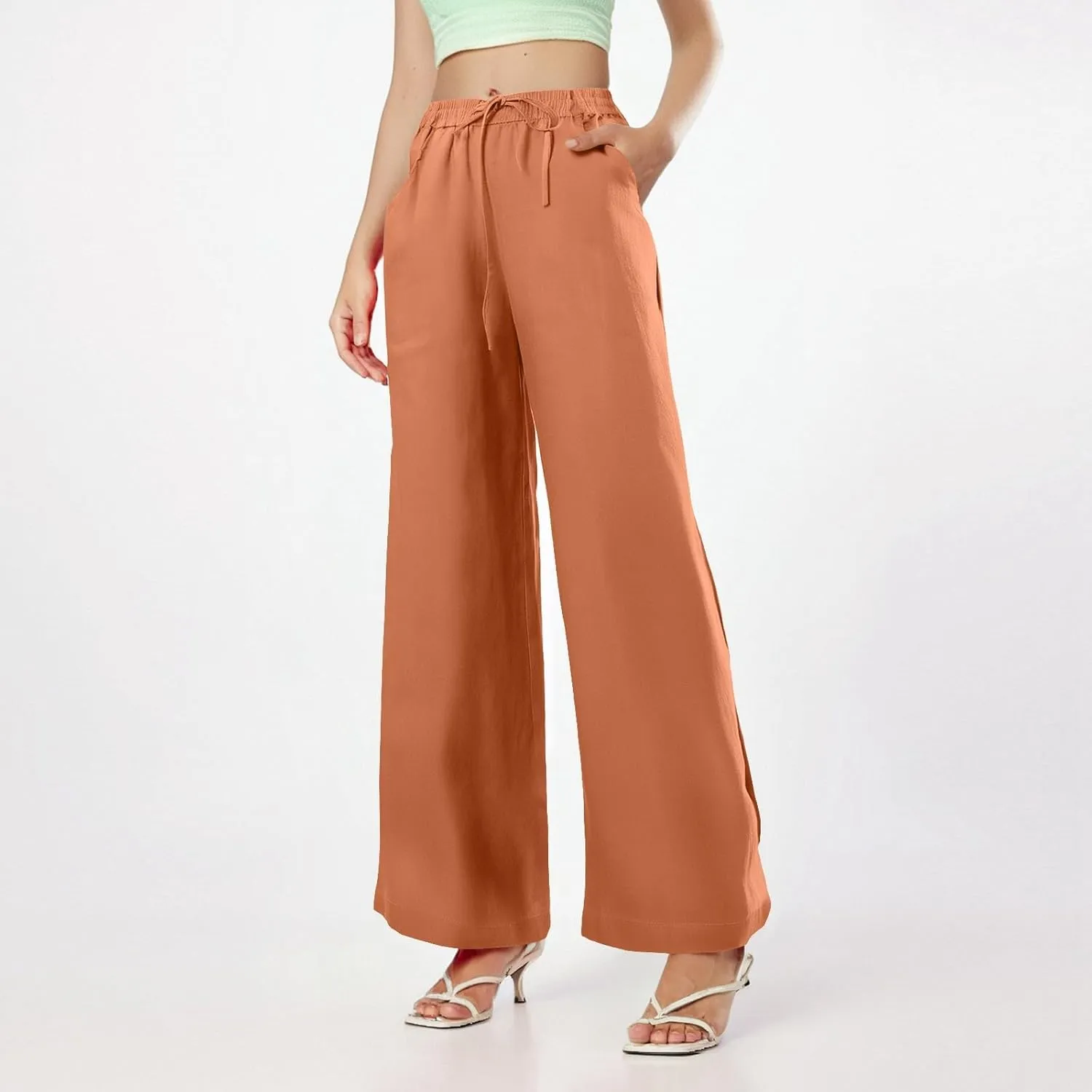 Womens Sweatpants Wide Leg Linen Pants Summer Drastring Adjustable Palazzo Pants Lounge Pants with Pockets