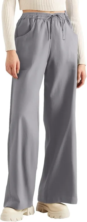 Womens Sweatpants Wide Leg Linen Pants Summer Drastring Adjustable Palazzo Pants Lounge Pants with Pockets