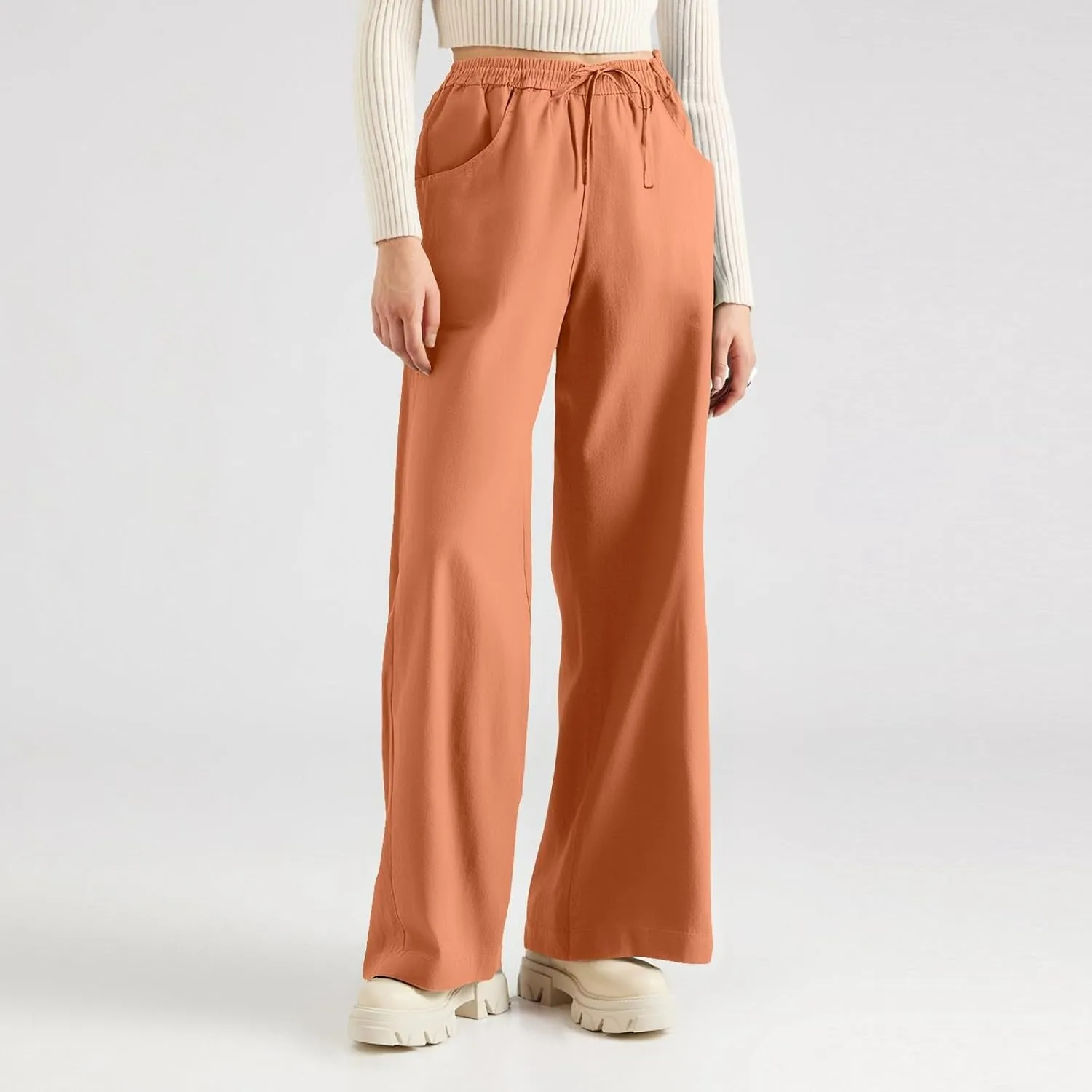 Womens Sweatpants Wide Leg Linen Pants Summer Drastring Adjustable Palazzo Pants Lounge Pants with Pockets