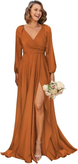Women's V-Neck Bridesmaid Dresses with Long Sleeves Pleats Chiffon Formal Evening Party Dress with Slit VS022