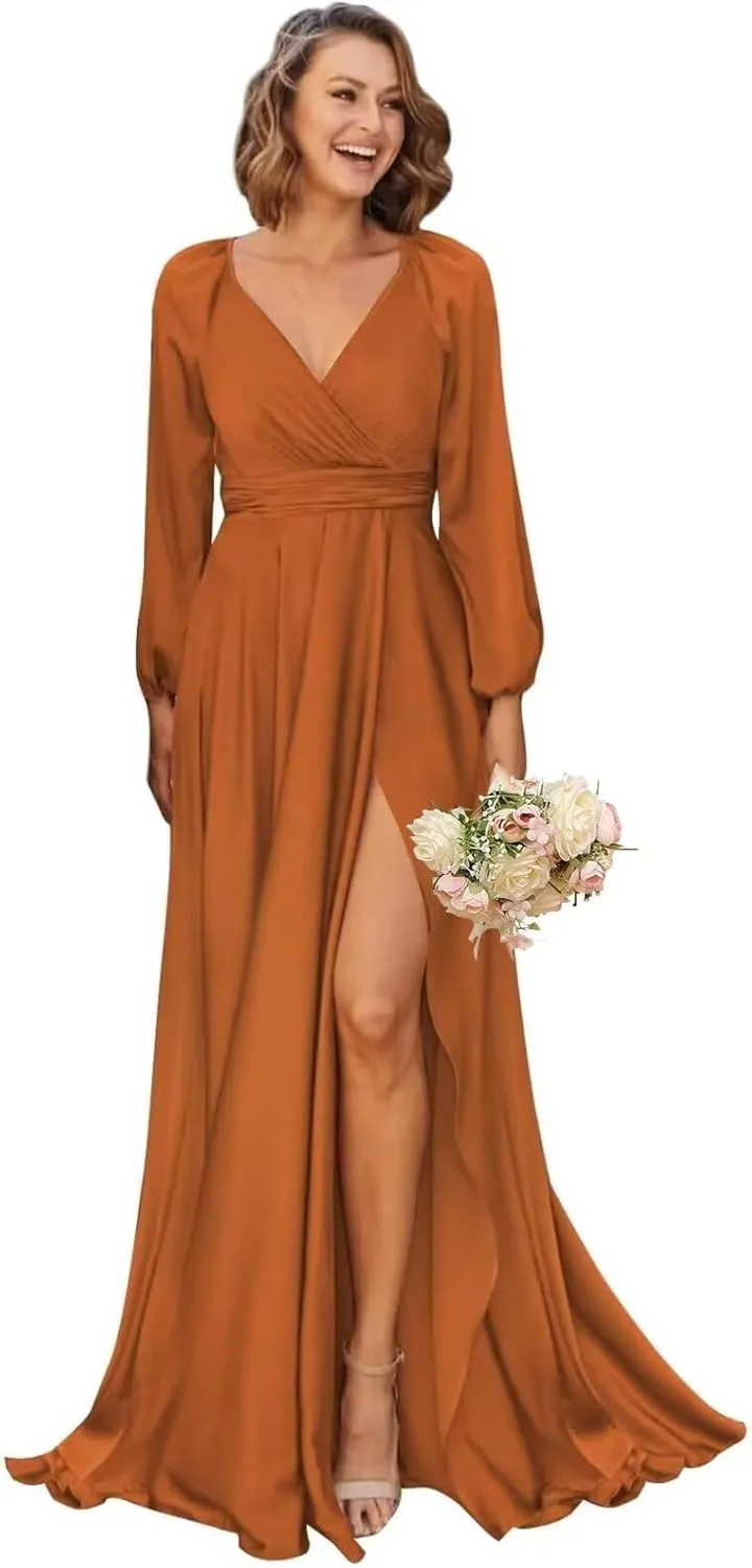 Women's V-Neck Bridesmaid Dresses with Long Sleeves Pleats Chiffon Formal Evening Party Dress with Slit VS022