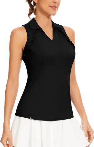 WOWENY Womens Sleeveless Golf Shirt Ruffle Polo Shirts Moisture Wicking Golf Apparel Slim Fitted Golf Tennis Tank Tops