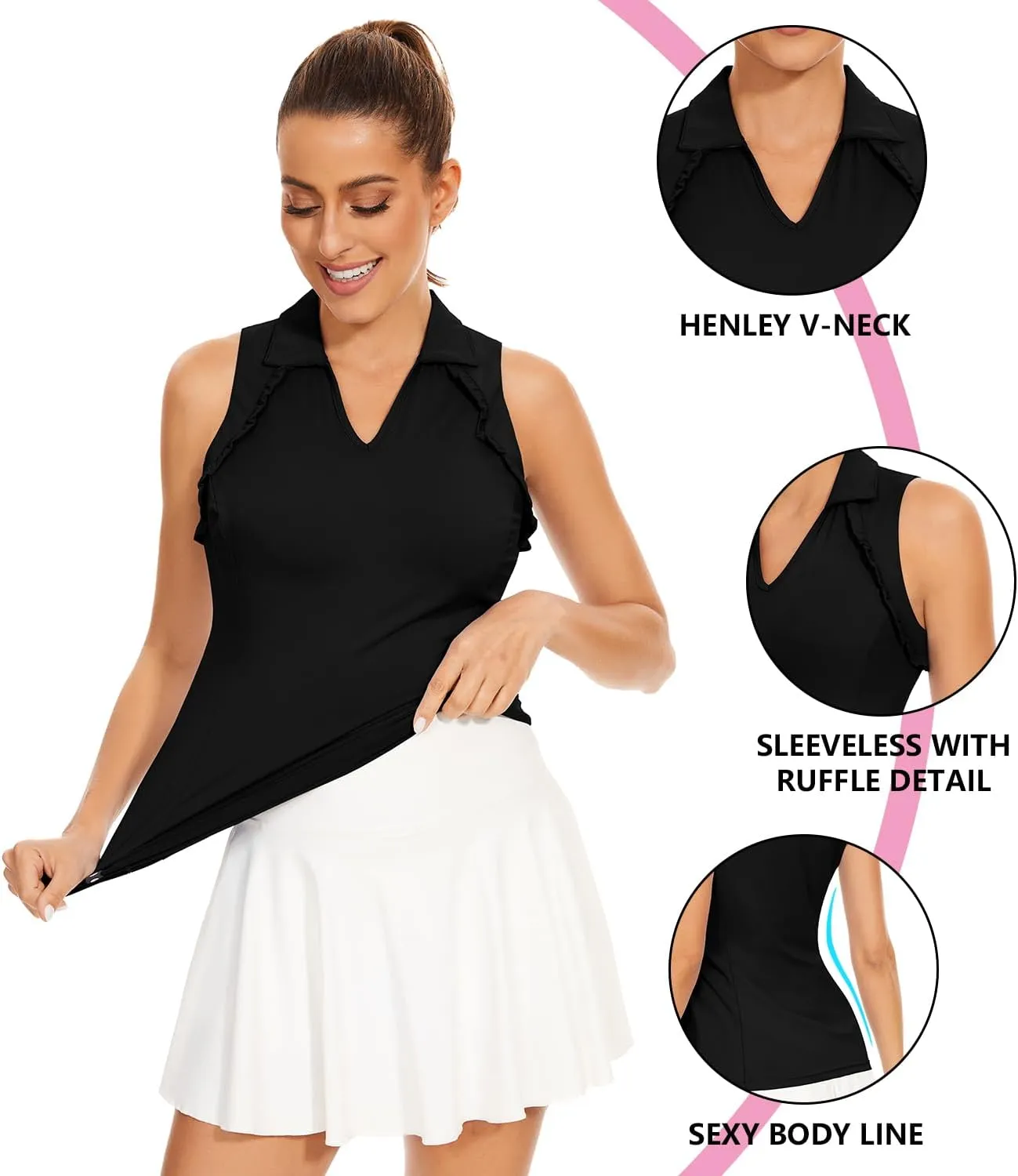 WOWENY Womens Sleeveless Golf Shirt Ruffle Polo Shirts Moisture Wicking Golf Apparel Slim Fitted Golf Tennis Tank Tops