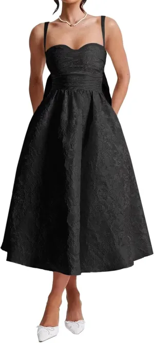 Xijun Jacquard Satin Prom Dresses Tea Length with Bow Open Back Bodycon A Line Formal Party Gown for Women