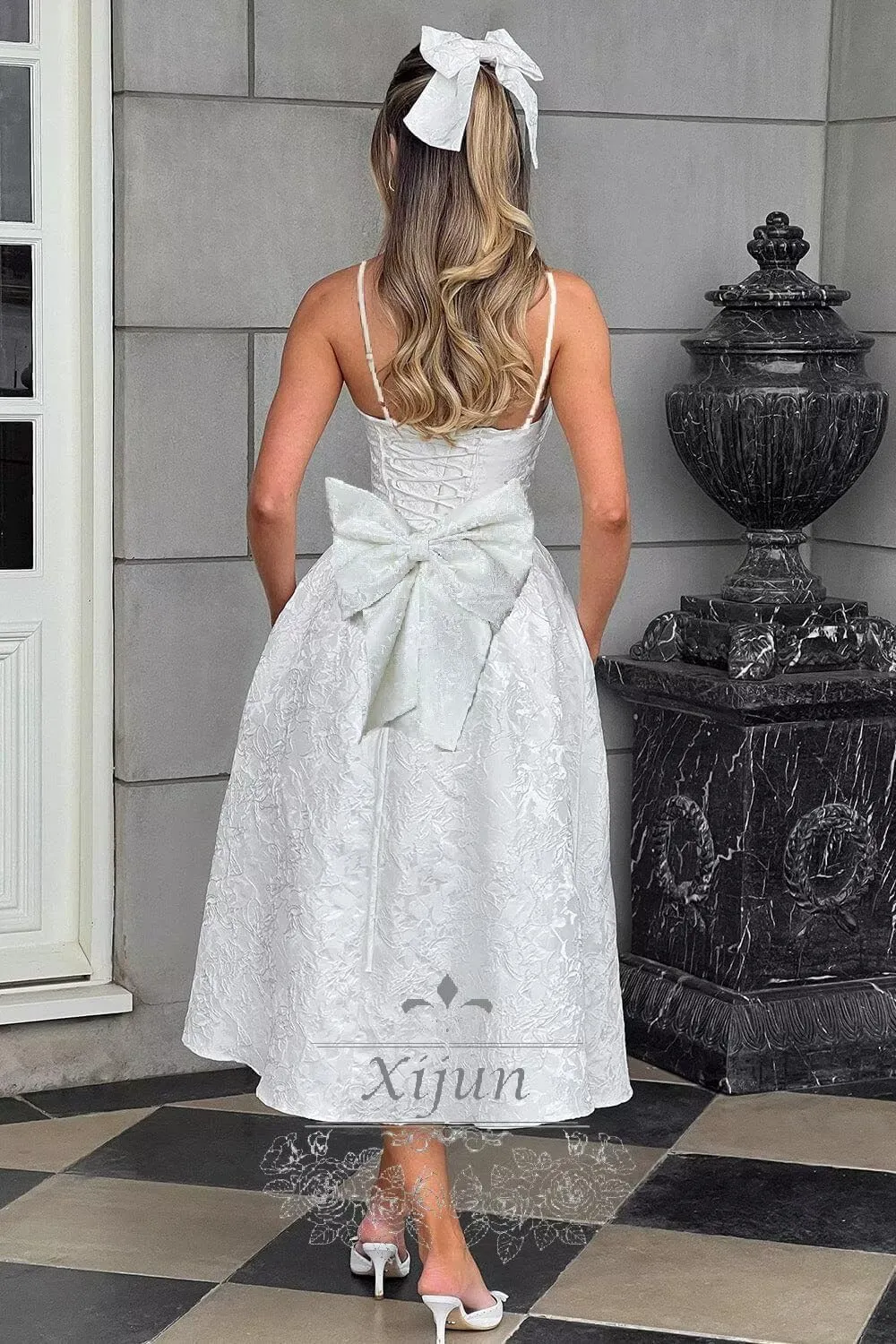 Xijun Jacquard Satin Prom Dresses Tea Length with Bow Open Back Bodycon A Line Formal Party Gown for Women