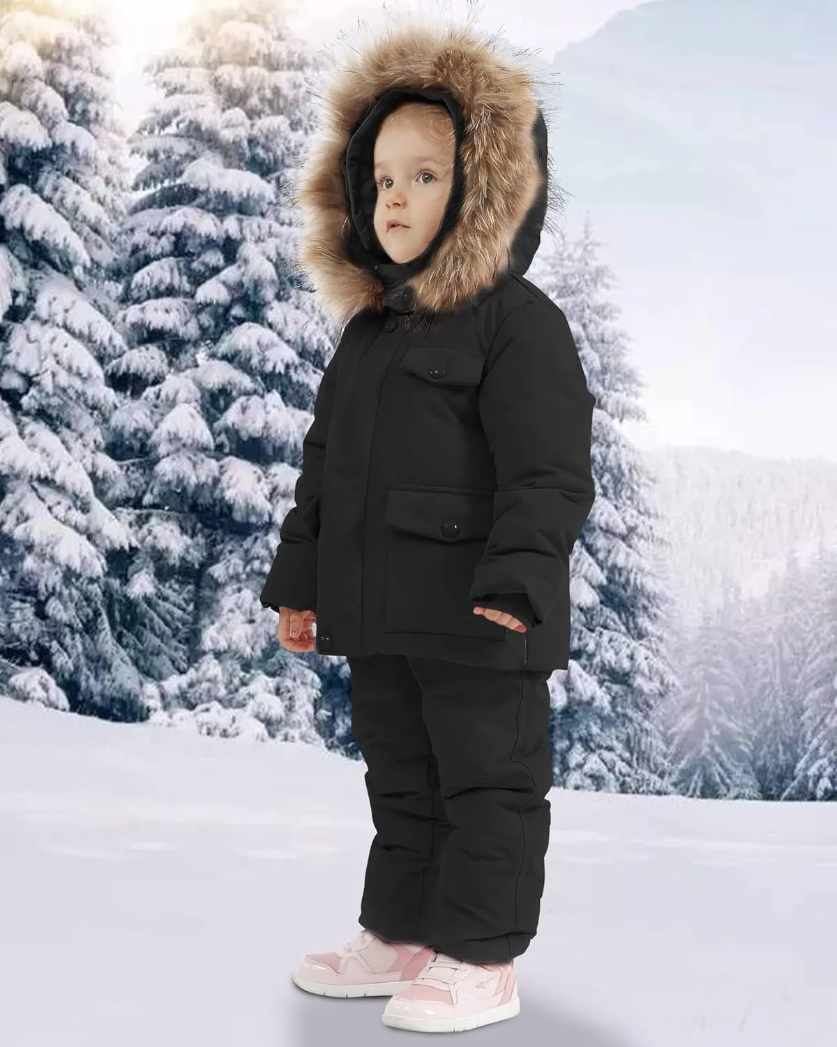 YUEMION Toddler Girl Snowsuit 2Pcs Kids Down Jacket Winter Hooded Coat  Snow Bib Pants Kids Windproof Skiing Suit (2T/6T)