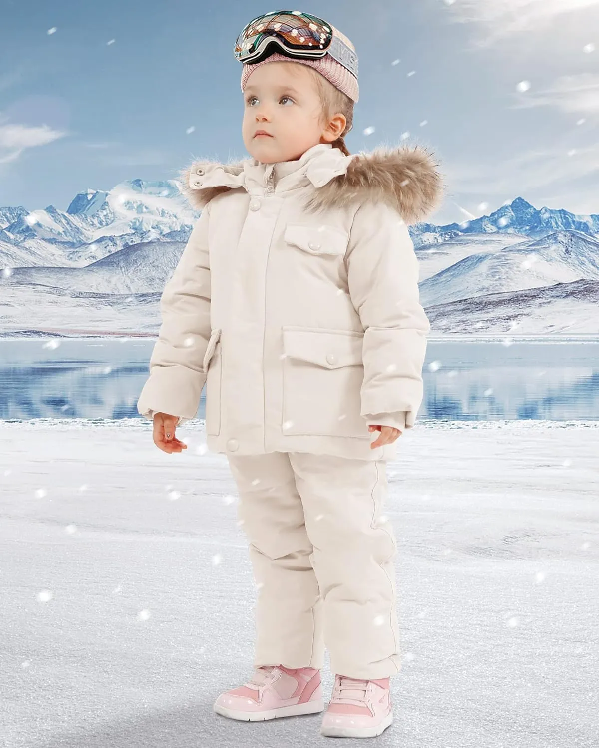 YUEMION Toddler Girl Snowsuit 2Pcs Kids Down Jacket Winter Hooded Coat  Snow Bib Pants Kids Windproof Skiing Suit (2T/6T)