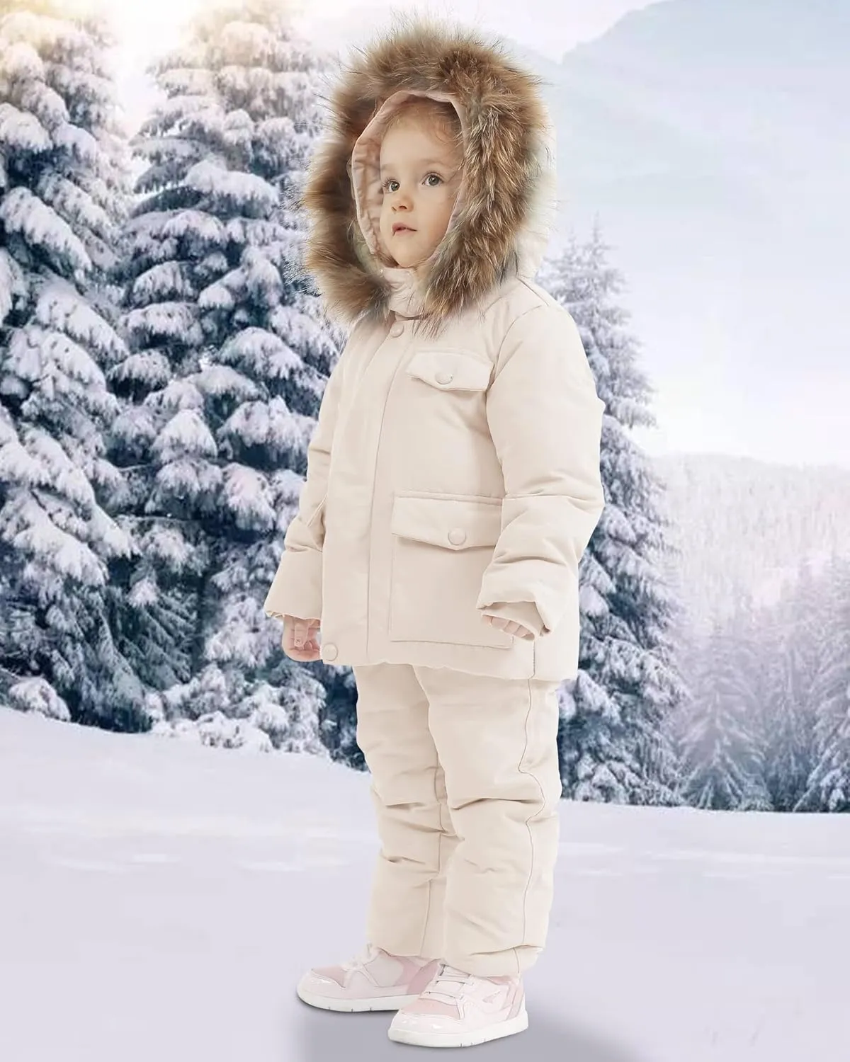 YUEMION Toddler Girl Snowsuit 2Pcs Kids Down Jacket Winter Hooded Coat  Snow Bib Pants Kids Windproof Skiing Suit (2T/6T)