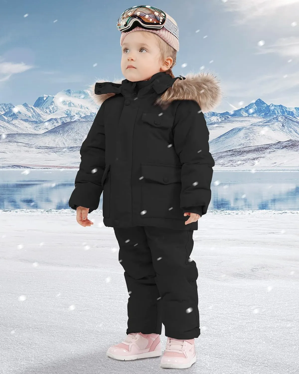 YUEMION Toddler Girl Snowsuit 2Pcs Kids Down Jacket Winter Hooded Coat  Snow Bib Pants Kids Windproof Skiing Suit (2T/6T)