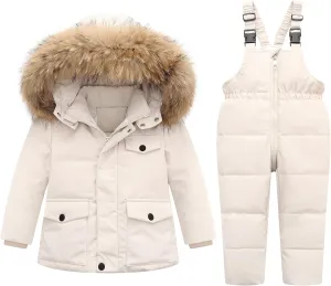 YUEMION Toddler Girl Snowsuit 2Pcs Kids Down Jacket Winter Hooded Coat  Snow Bib Pants Kids Windproof Skiing Suit (2T/6T)