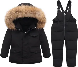 YUEMION Toddler Girl Snowsuit 2Pcs Kids Down Jacket Winter Hooded Coat  Snow Bib Pants Kids Windproof Skiing Suit (2T/6T)