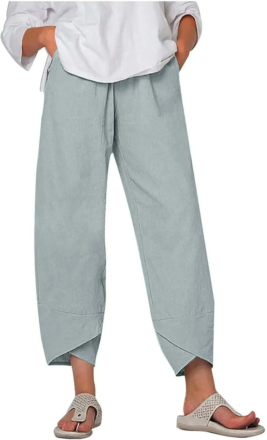 ZDRZK Capri Linen Pants Women Summer Casual High Waist Wide Leg Cropped Pant Loose Fit Beach Pant Trousers Plus Size